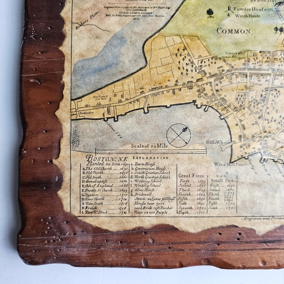 1835 Antique Primitive Map Wood Board Town of Boston New England By John Bonner - Picture 2 of 16